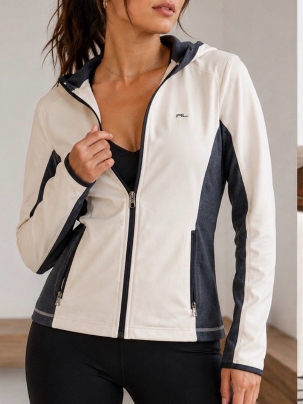 Lauren Ralph Lauren Zip Performance Jacket Hooded Activewear Cream Gray XS
